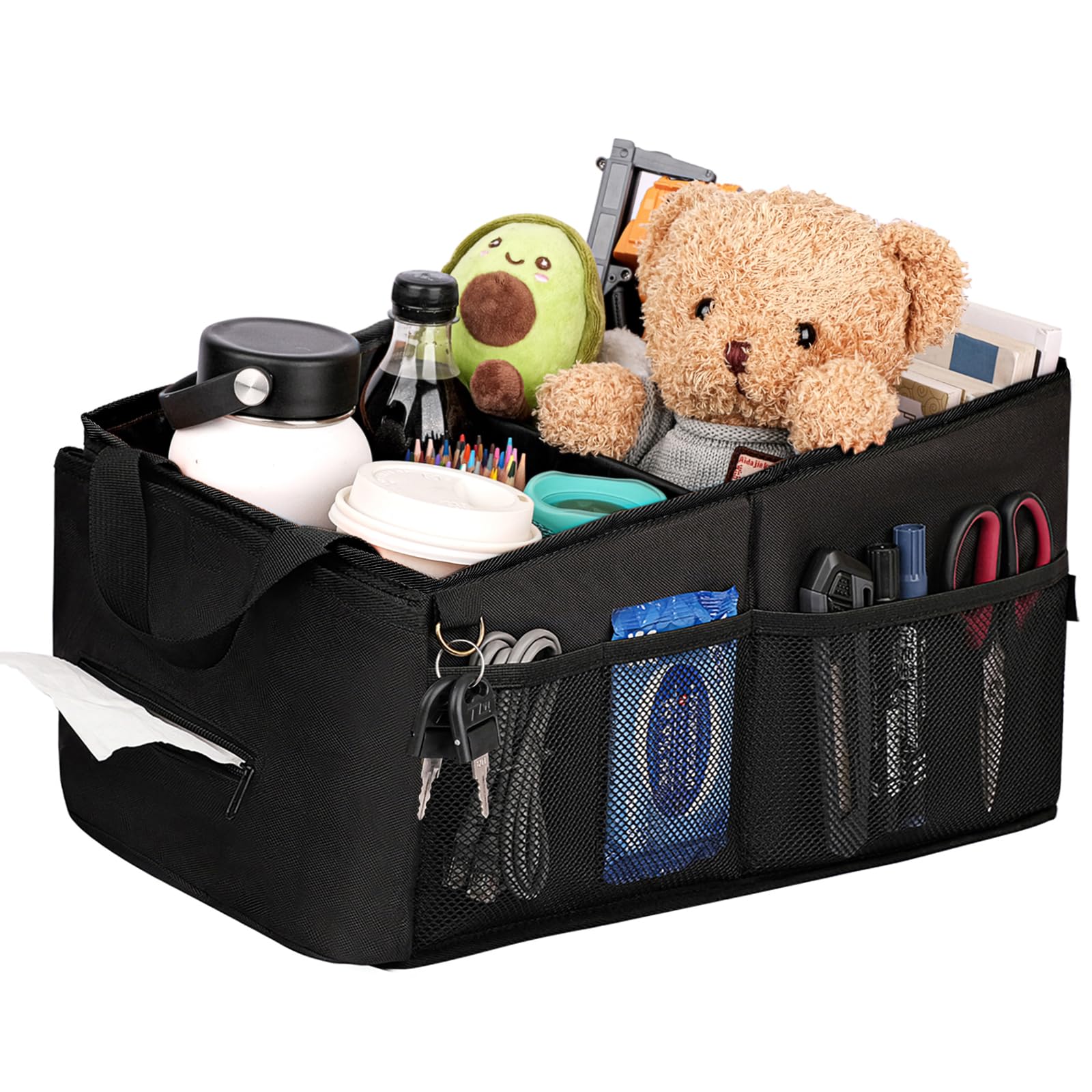 HEYSKAY Back Seat Car Organizer With Tissue Box Passenger Front Seat Organizer Car Caddy Organizer with Coffee Cup Drink Holder Toy Books Storage for Car (Black)