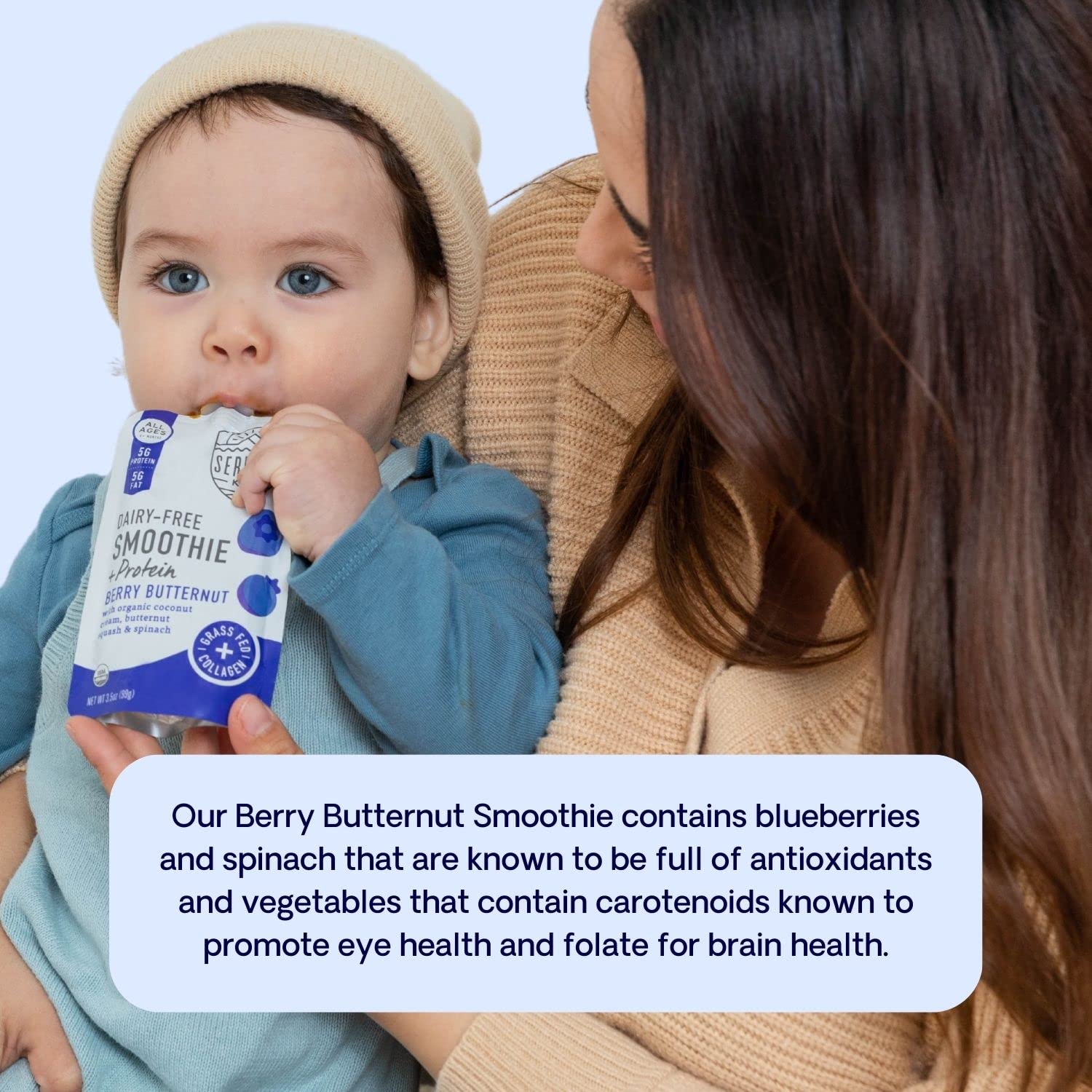 Serenity Kids 6+ Months Dairy-Free Smoothie Baby Food | USDA Organic | Grass Fed Collagen Protein | 3.5 Ounce BPA-Free Pouch | Berry Butternut | 12 Count