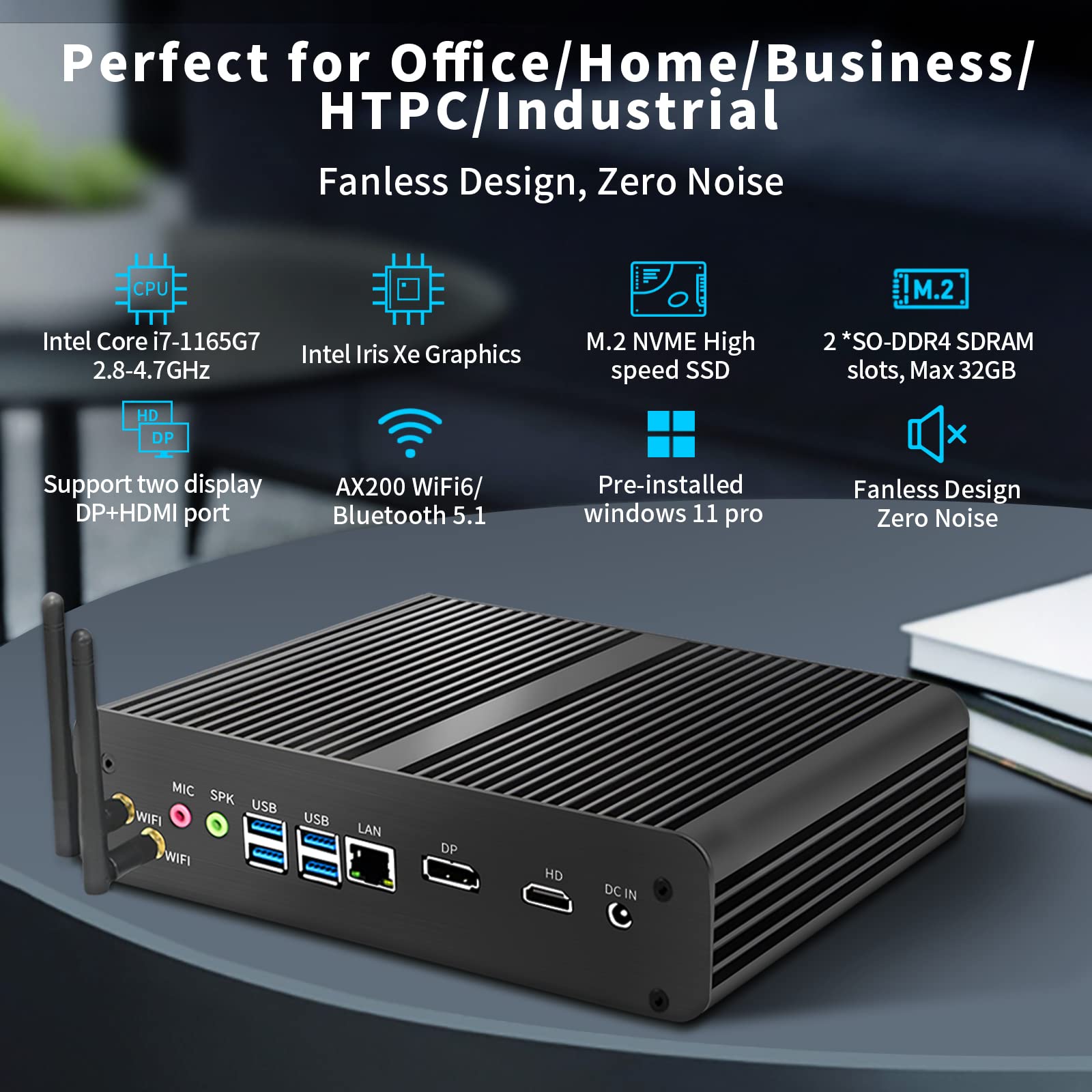 Kinupute Fanless Mini PC, Desktop Computer i7-1165G7 2.8-4.7GHz, Windows 11 Pro, 16G DDR4, 256G NVME SSD, Iris Xe Graphics, HDMI/DP, 8K, Gigabit Ethernet, BT5.1, WiFi 6 for Industrial/Office/HTPC