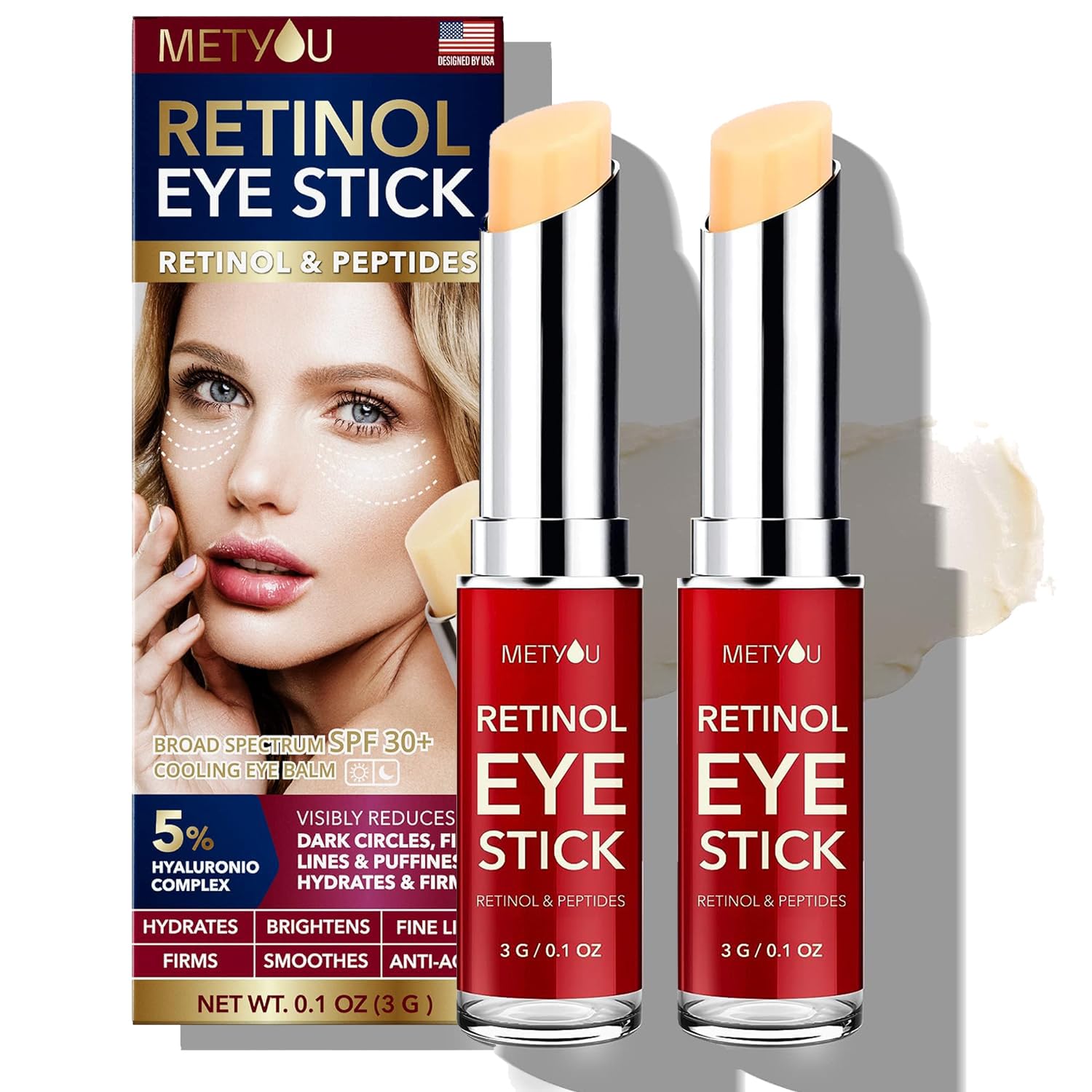 Retinol Under Eye Brightener Stick, Dark Circles Under Eye Treatment for Women with 5% Hyaluronic Acid Complex - Anti Aging Eye Cream for Puffiness and Bags Hydrates, Firms and Brightens Eyes 0.1oz(3g) 2 pack