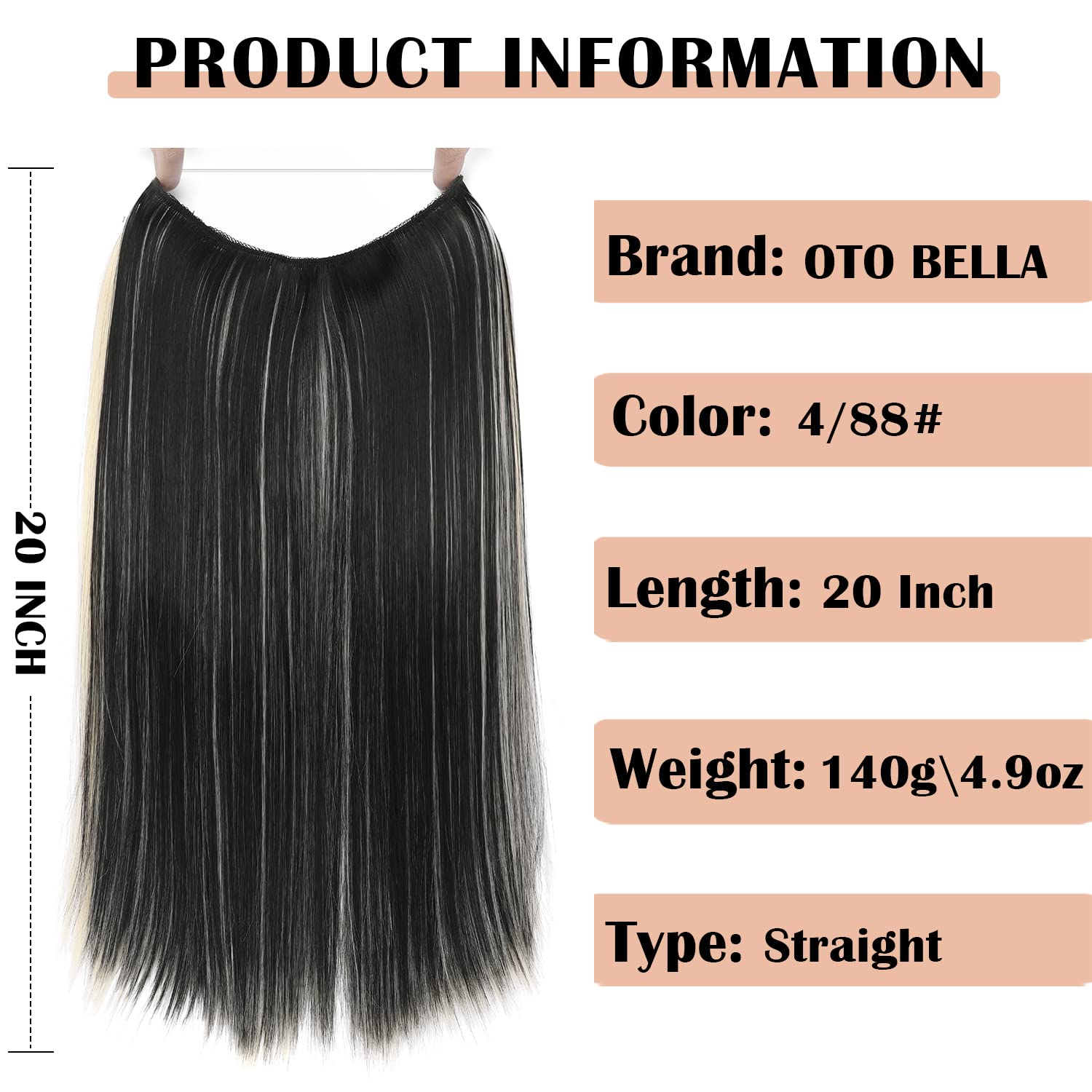 Halo Hair Extensions - Thick Invisible Wire, 20" Straight Long Hairpiece, Adjustable Headband, No Tangle/Shedding, Includes 2 Removable Clips(Straight, 4/88#)