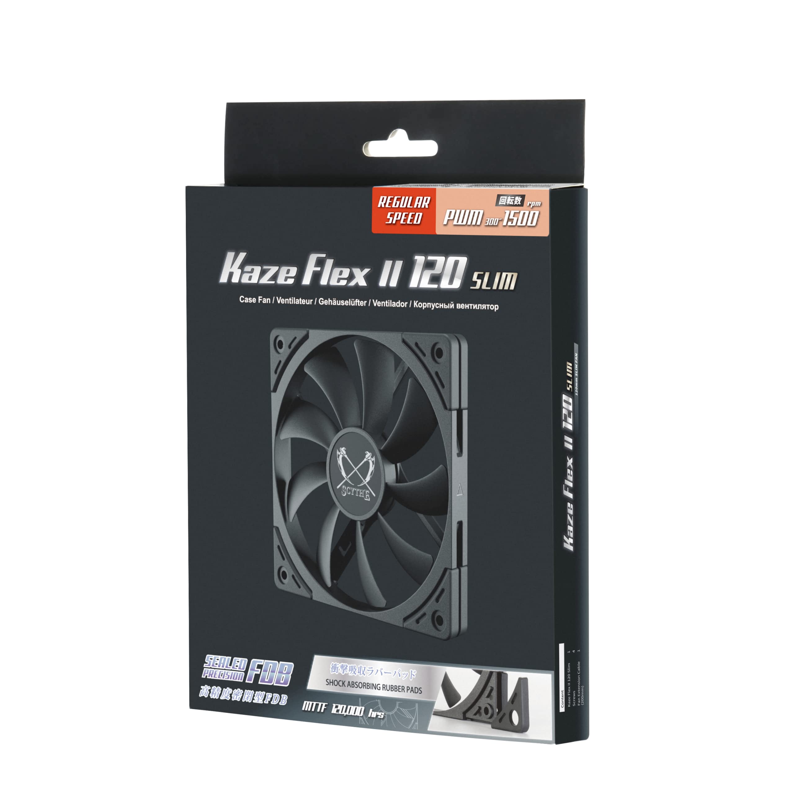 Scythe Kaze Flex II 120 Slim PWN Premium Slim PC Fan,120mm x 15mm, Fluid Dynamic Bearing, 4-Pin Connector (Kaze Flex II Slim, 1500RPM)