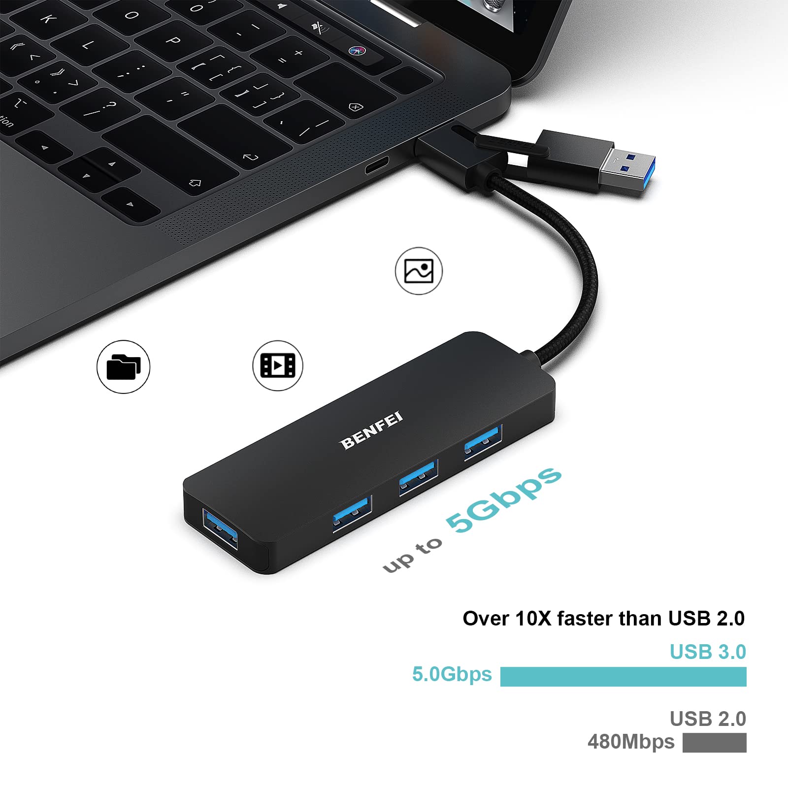 BENFEI USB 3.0 Hub, USB-C HUB, 2-in-1 USB Type-A/Type-C Hub with 4 USB 3.0 Ports Compatible for MacBook, Mac Pro, Mac Mini, iMac, Surface Pro, XPS, PC, Flash Drive, Mobile HDD