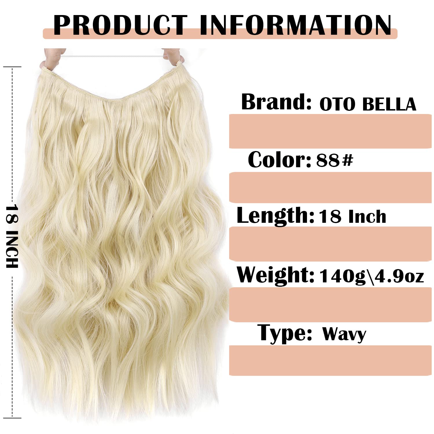 Invisible Wire Hair Extensions - 18 Inch Halo Hair Extension Long Wavy Synthetic Hairpiece with Transparent Wire Adjustable Size, 4 Secure Clips for Women(Wavy, 88#)