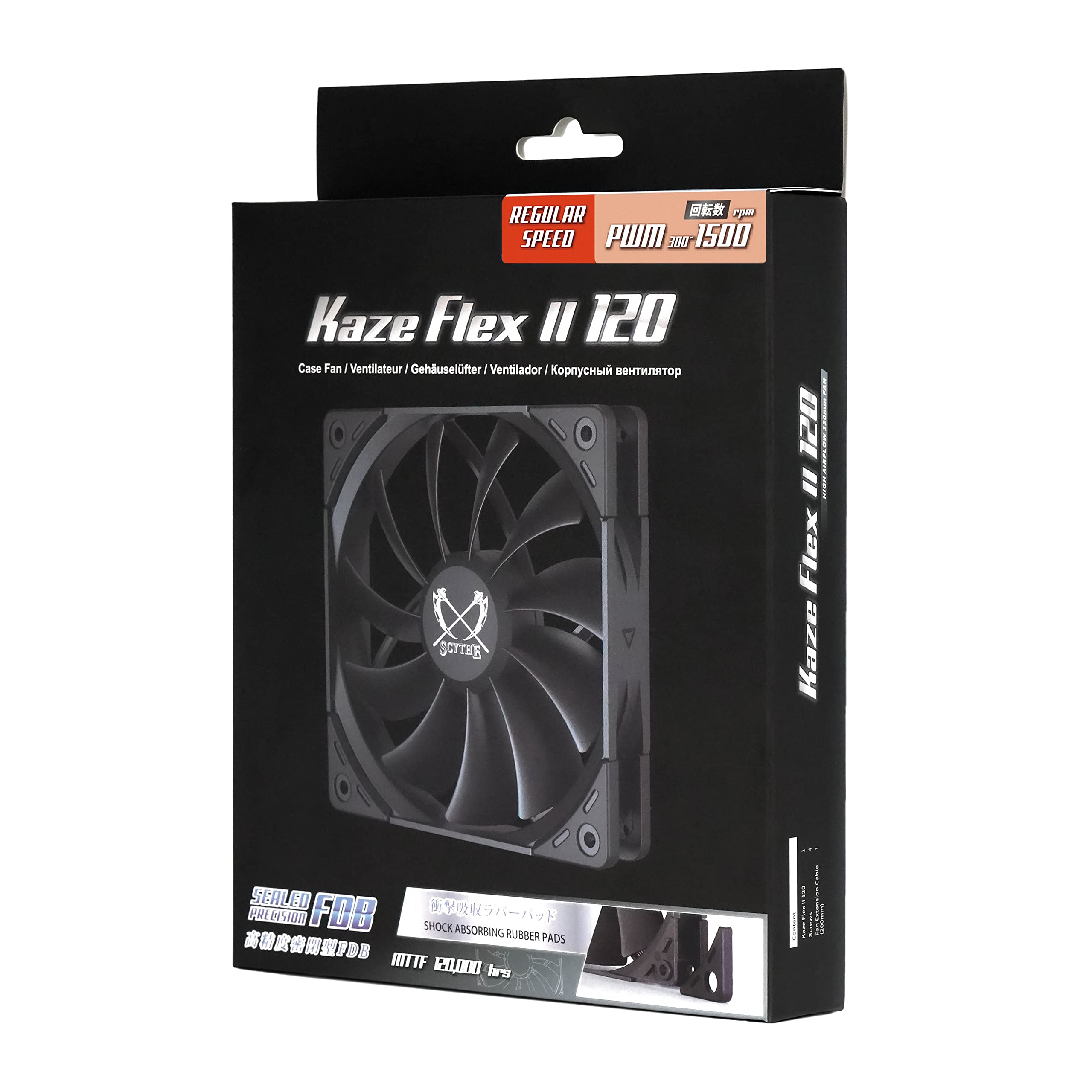 Scythe Kaze Flex II 120 PWN, 120mm x 25mm Air Flow Optimized Quiet Operating Computer Case Fan, Fluid Dynamic Bearing, 4-Pin Connector, Single Pack (Standard Edition - 1500 RPM)