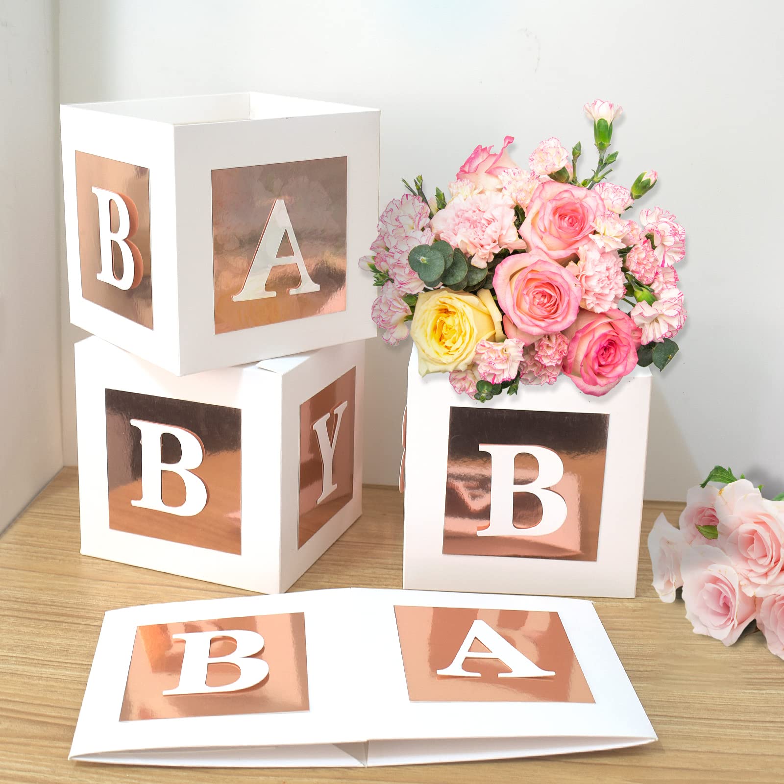 4 Pcs Baby Shower Flower Boxes Centerpieces Decoration Rose Gold Baby Block Floral Holder Centerpiece Baby In Bloom Gender Reveal Birthday Party Decors Table Display Its A Girl Its A Boy