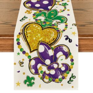 artoid mode iris jewellery hearts mardi gras table runner, seasonal kitchen dining table decoration for home party decor 13x72 inch