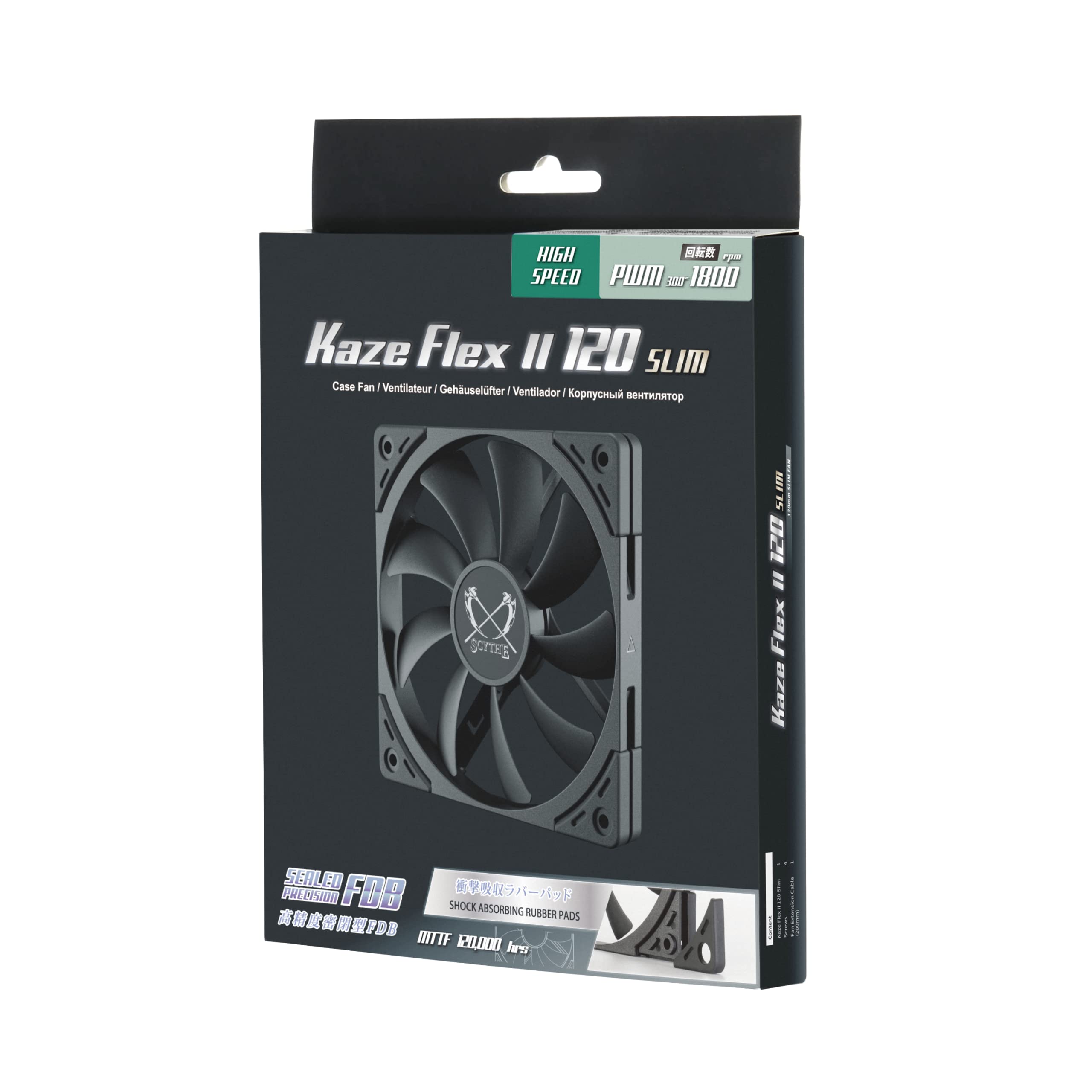 Scythe Kaze Flex II 120 Slim PWN Premium Slim PC Fan,120mm x 15mm, Fluid Dynamic Bearing, 4-Pin Connector (Kaze Flex II Slim, 1800RPM)