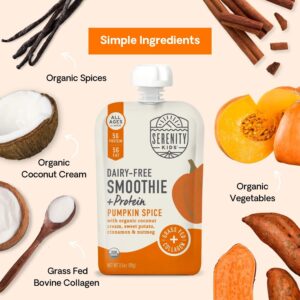 Serenity Kids 6+ Months Dairy-Free Smoothie Baby Food | USDA Organic | Grass Fed Collagen Protein | 3.5 Ounce BPA-Free Pouch | Pumpkin Spice | 6 Count