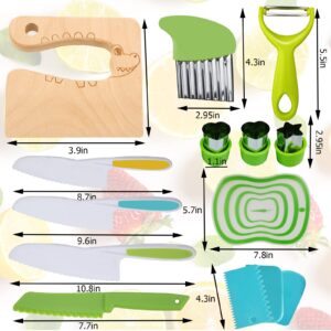 14 PCS Wooden Kids Kitchen Safe Knife Set with Wood Kids Knife, Plastic Potato Slicers, Serrated Edges Plastic Toddler Knife, Cake Scraper, Crinkle Cutter, Cutting Board, Kids Safe Knife for Children