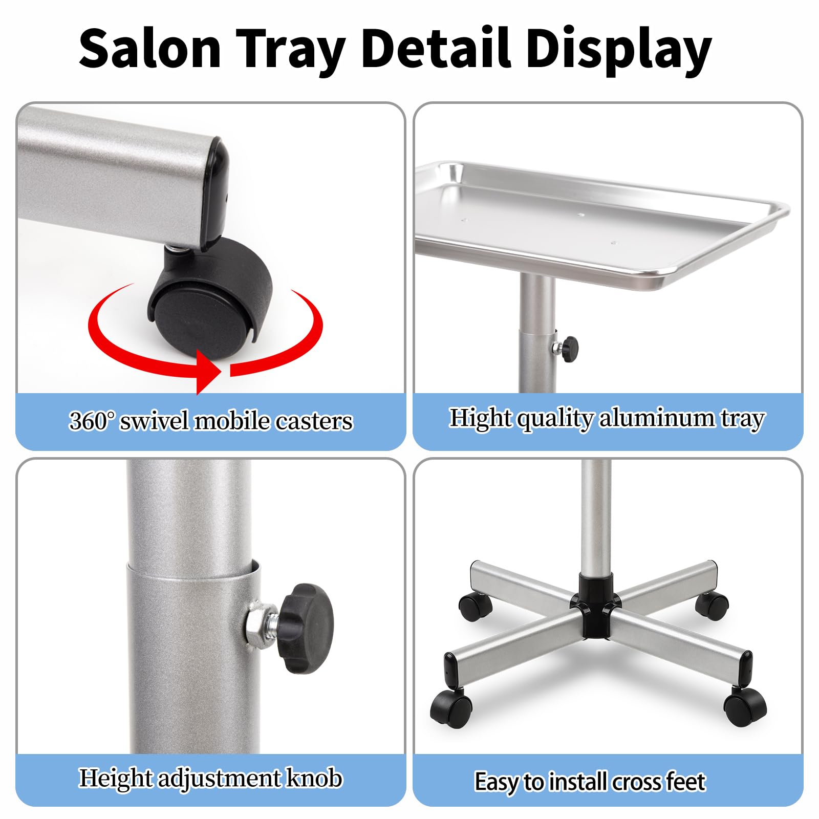 Salon Tray Cart on Wheels-Height Adjustable Color Tray-Salon Service Rolling Tray-Premium Aluminum Color Tray for Hair