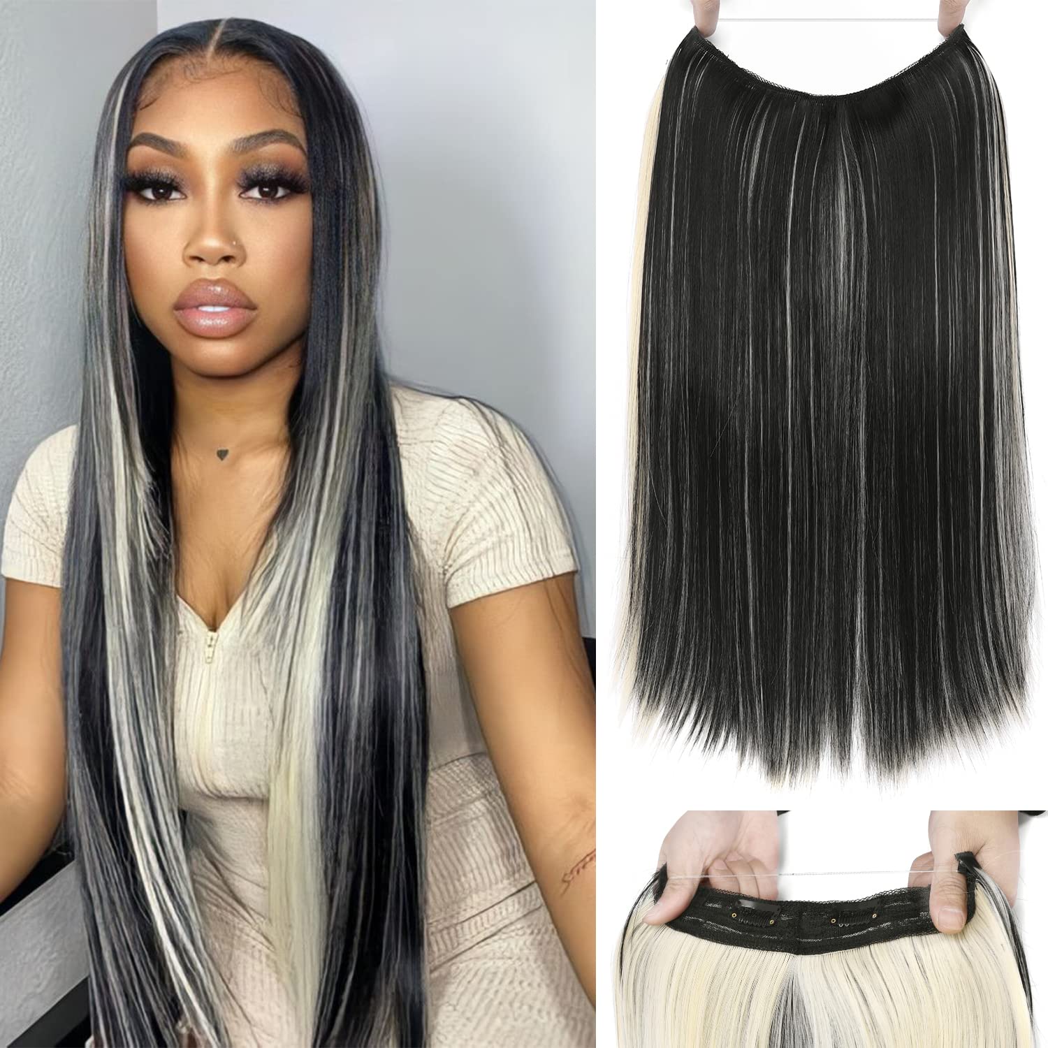 Halo Hair Extensions - Thick Invisible Wire, 20" Straight Long Hairpiece, Adjustable Headband, No Tangle/Shedding, Includes 2 Removable Clips(Straight, 4/88#)