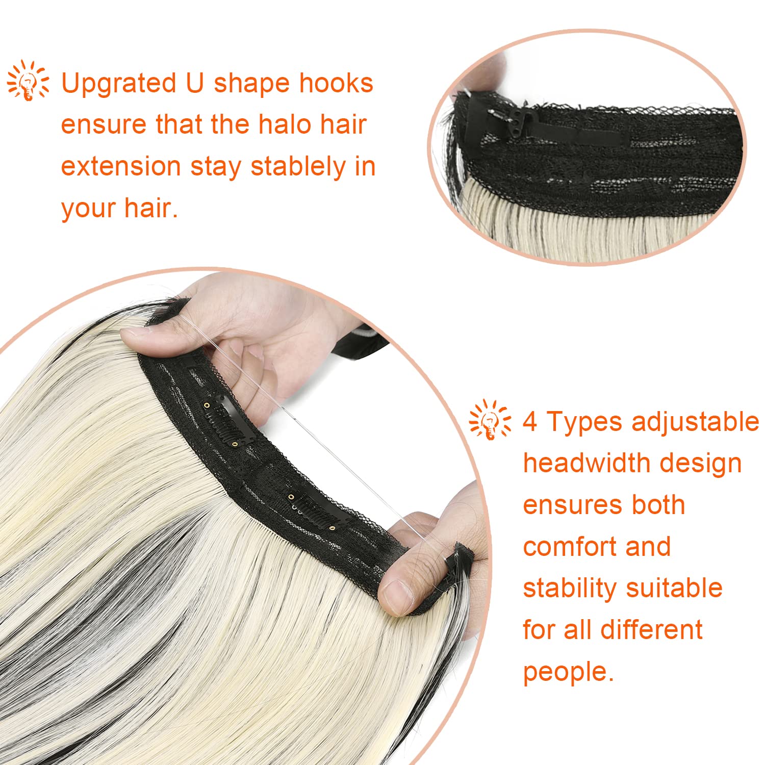 Halo Hair Extensions - Thick Invisible Wire, 20" Straight Long Hairpiece, Adjustable Headband, No Tangle/Shedding, Includes 2 Removable Clips(Straight, 4/88#)