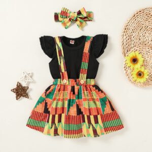 YOUNGER TREE Infant Toddler Baby Girl Summer Outfit Sunflower Strap Sets Sleeveless Romper Suspender Skirt 3pcs Clothing Sets (Dashiki Ankara, 18-24 Months)