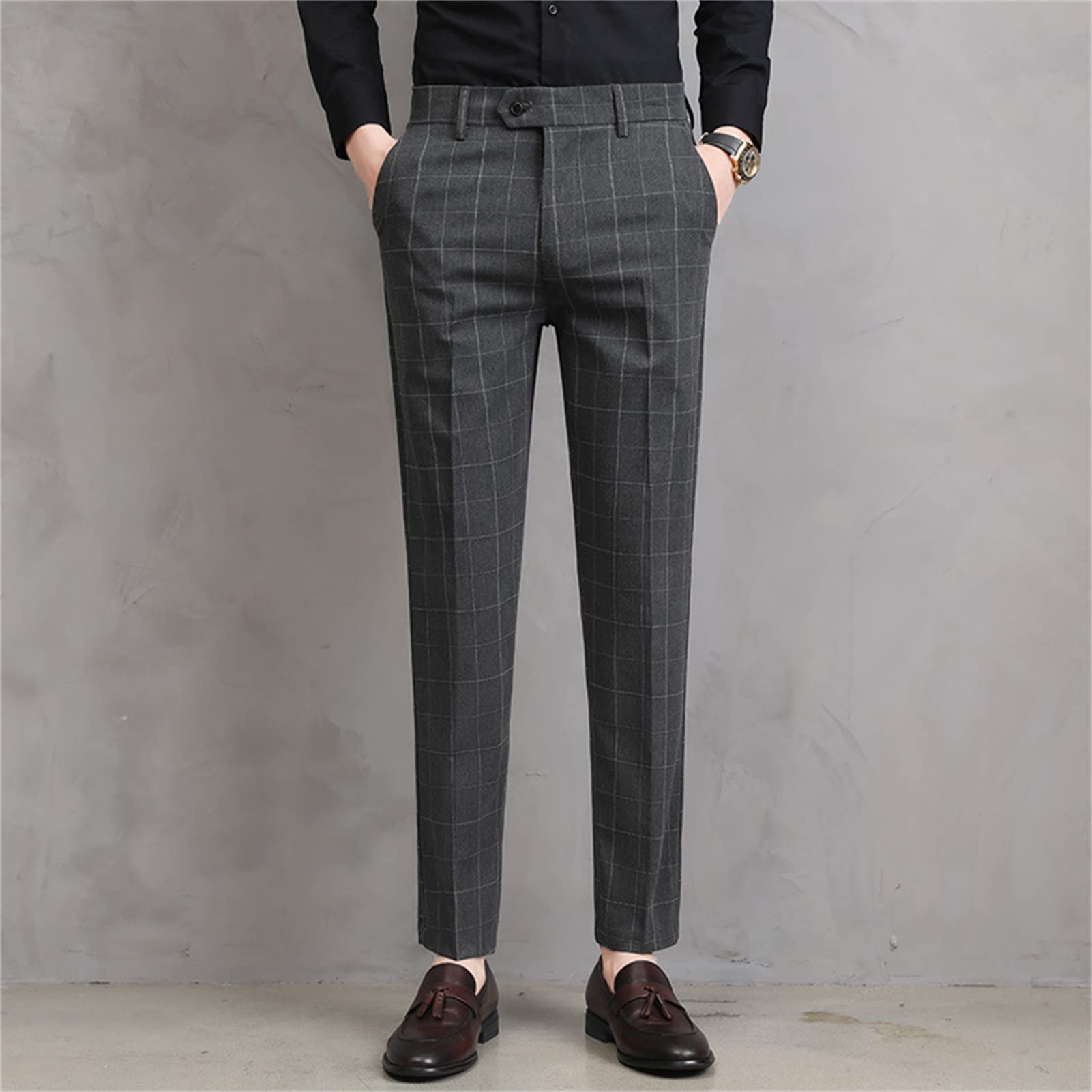 Men's Plaid Business Comfort Pant Casual Straight Fit Tapered Suit Pant Classic Lightweight Loose Fit Trousers (Dark Grey,38)