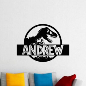 Dinosaur Wall Decal Custom Name Vinyl Sticker Personalized T-Rex Decals Tyrannosaurus Rex Wall Art Nursery Decor Car Decals Window Door Sign Peel and Stick Decal Dinosaur World Poster Print zz81