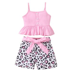 toddler baby girls' clothing sets leopard valentine's day summer outfits pink top girl cheetah heart print short animal vacation clothes 3t (682)