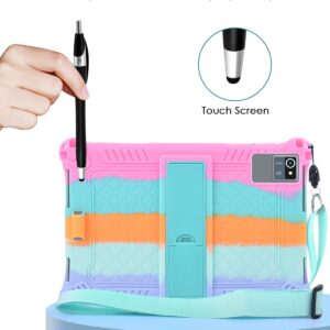 DETUOSI Silicone Case for Okaysea 10.1 inch Tablet with Stylus Pen & Shoulder Strap, Multi-Angle Stand Case, Soft Lightweight Protcetive Cover for QunyiCO 10.1, Moderness MB1001 10.1, Dazzling Pink