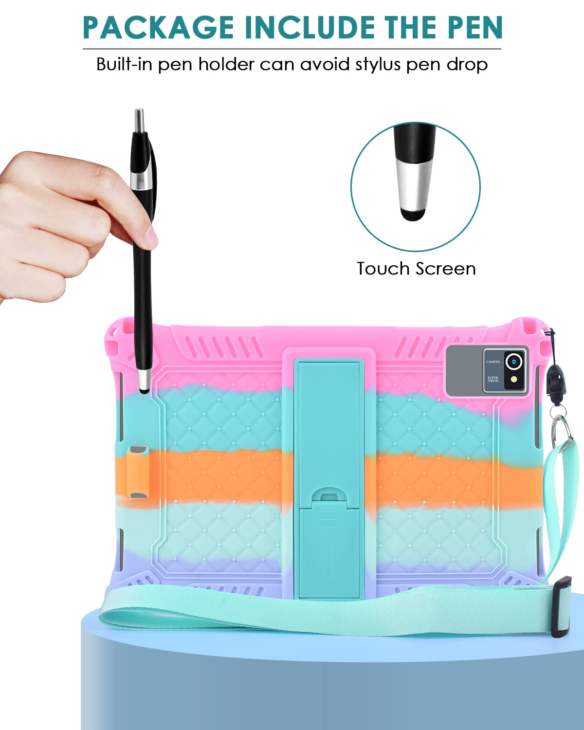 DETUOSI Silicone Case for Okaysea 10.1 inch Tablet with Stylus Pen & Shoulder Strap, Multi-Angle Stand Case, Soft Lightweight Protcetive Cover for QunyiCO 10.1, Moderness MB1001 10.1, Dazzling Pink