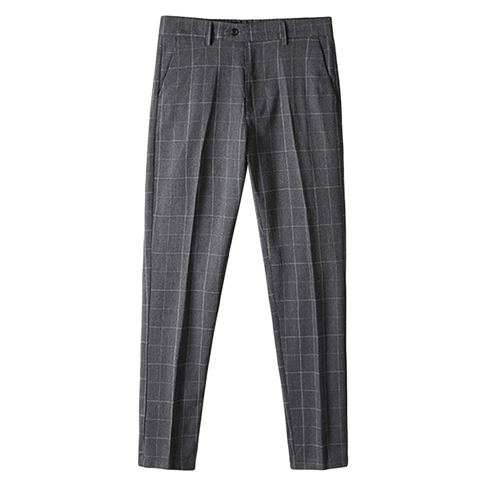 Men's Plaid Business Comfort Pant Casual Straight Fit Tapered Suit Pant Classic Lightweight Loose Fit Trousers (Dark Grey,38)