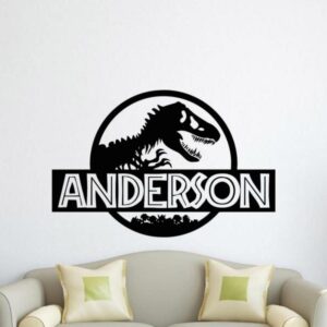 Dinosaur Wall Decal Custom Name Vinyl Sticker Personalized T-Rex Decals Tyrannosaurus Rex Wall Art Nursery Decor Car Decals Window Door Sign Peel and Stick Decal Dinosaur World Poster Print zz81