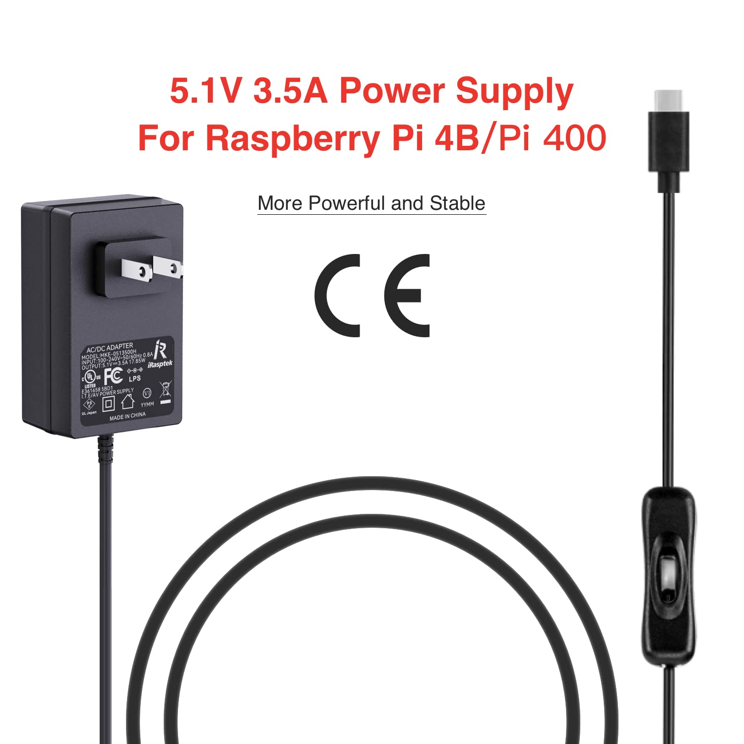 iRasptek Raspberry Pi 4 Power Adapter, 5.1V 3.5A USB C Power Supply with On/Off Switch, for Raspberry Pi 4 Model B/Pi 400 (UL Listed)