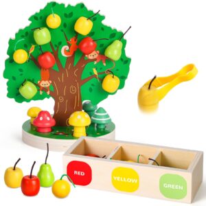 woodtoe toddler fine motor skill toy - apple picking magnetic fruit tree toy | montessori wooden color & shape sorting puzzle | early learning preschool educational birthday toy for kids 3-6