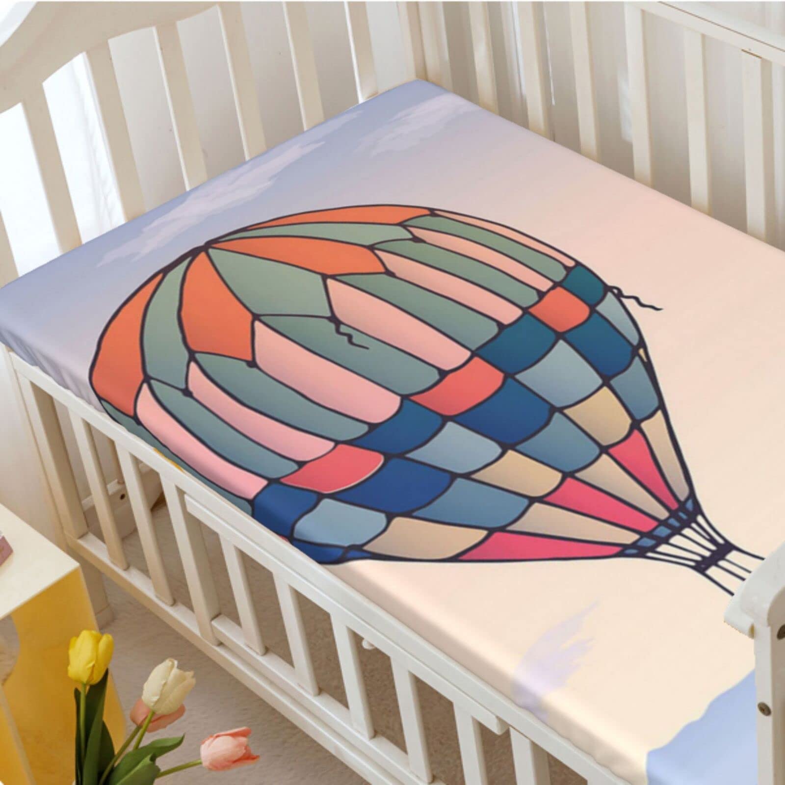 Hot Air Balloon Themed Fitted Crib Sheet,Standard Crib Mattress Fitted Sheet Soft and Breathable Bed Sheets-Crib Mattress Sheet or Toddler Bed Sheet,28“ x52“,Multicolor