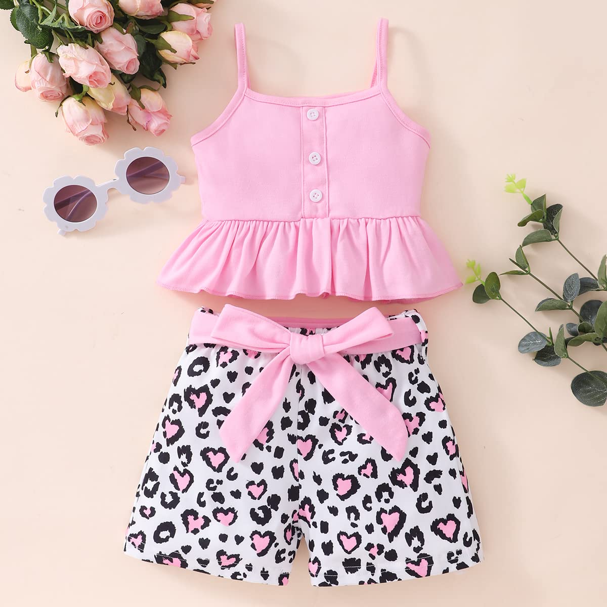 Toddler Baby Girls' Clothing Sets Leopard Valentine's Day Summer Outfits Pink Top Girl Cheetah Heart Print Short Animal Vacation Clothes 3T (682)