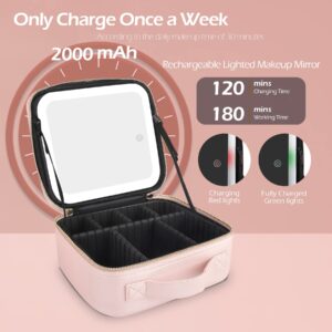 WangSelect Lighted Makeup Case with Full-screen HD Mirror Travel Makeup Train Case with Adjustable Dividers Cosmetic bag with Foldable 1x/10x Magnifying Mirror and Jewelry Box Phosphor