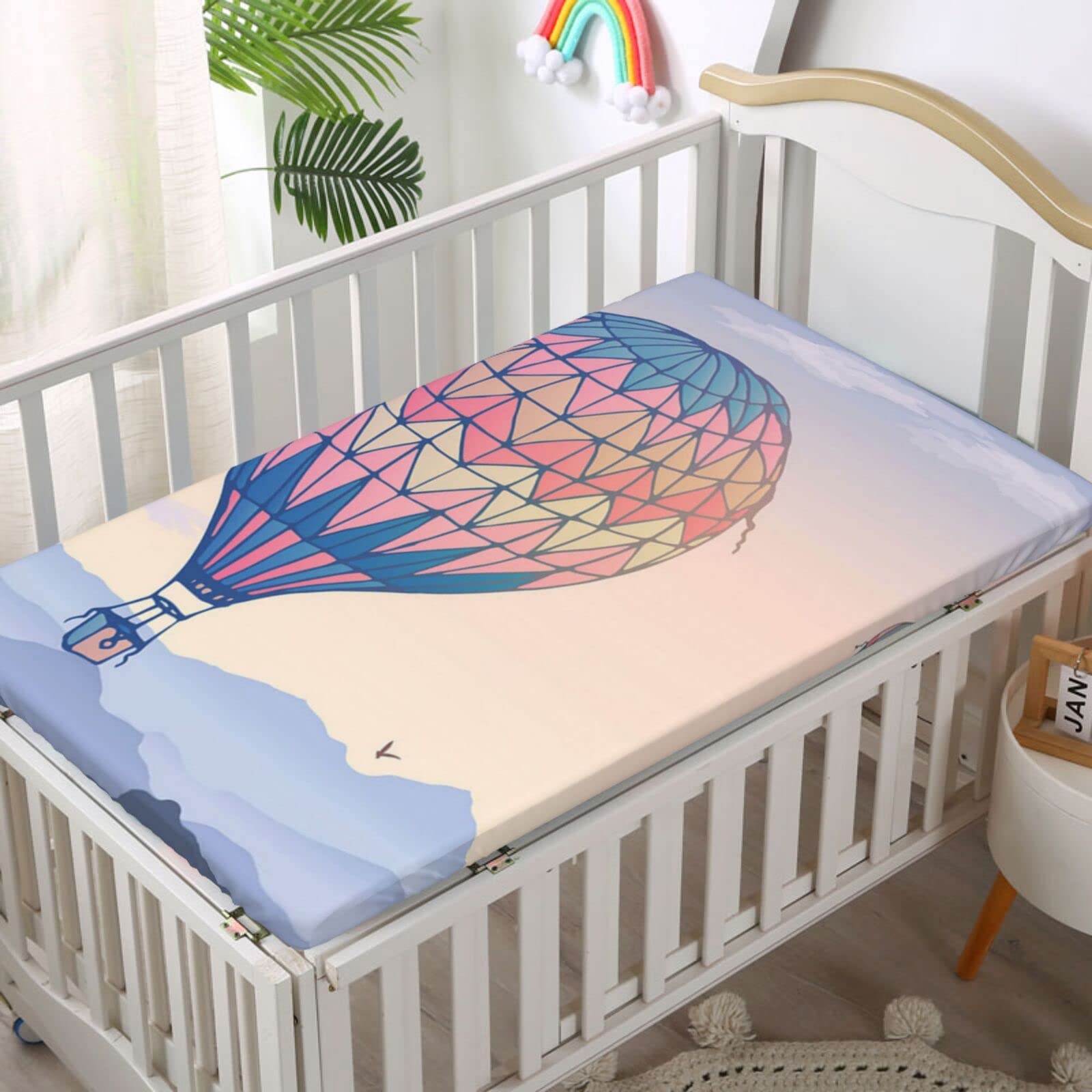 Hot Air Balloon Themed Fitted Mini Crib Sheets,Portable Mini Crib Sheets Soft and Breathable Bed Sheets-Baby Crib Sheets for Girl or Boy,24“ x38“,Multicolor