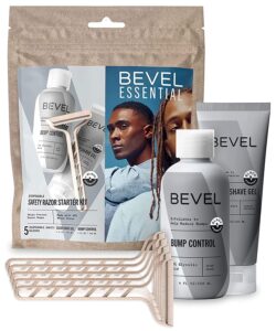 bevel essentials disposable safety razor shaving starter kit for men, includes 5 stainless steel double sided safety razors, clear shave gel, and post shave bump control cream