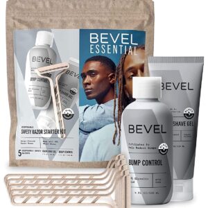 Bevel Essentials Disposable Safety Razor Shaving Starter Kit for Men, Includes 5 Stainless Steel Double Sided Safety Razors, Clear Shave Gel, and Post Shave Bump Control Cream