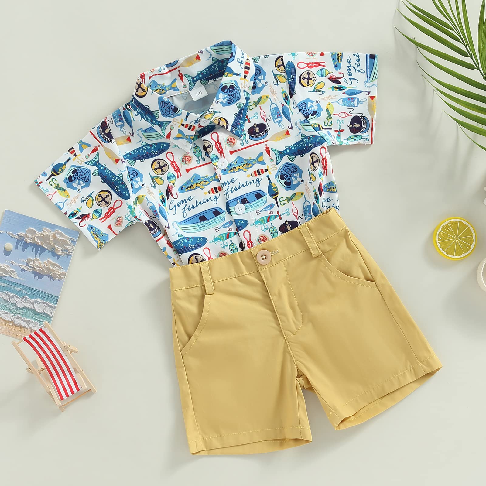 Toddler Boy Summer Clothes Set Button Down Short Sleeve Shirt Elastic Waist Shorts 2Pcs Fashion Boys Outfits (Khaki Shorts Set,12-18 Months)