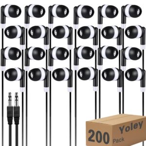 yoley 200 packs classroom earbuds bulk headphones for kids school students children, wholesale class set durable earphones, individually bagged (200 black)