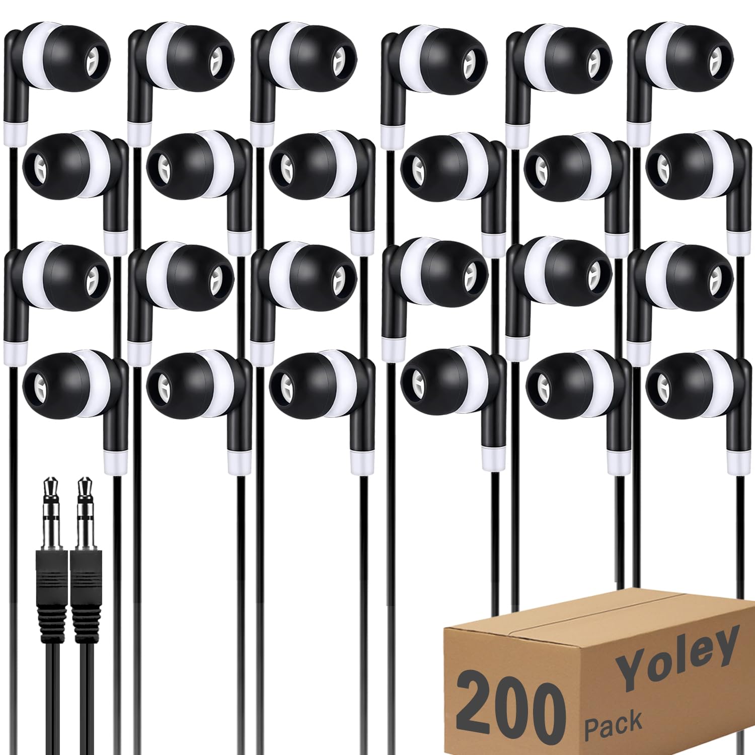 Yoley 200 Packs Classroom Earbuds Bulk Headphones for Kids School Students Children, Wholesale Class Set Durable Earphones, Individually Bagged (200 Black)