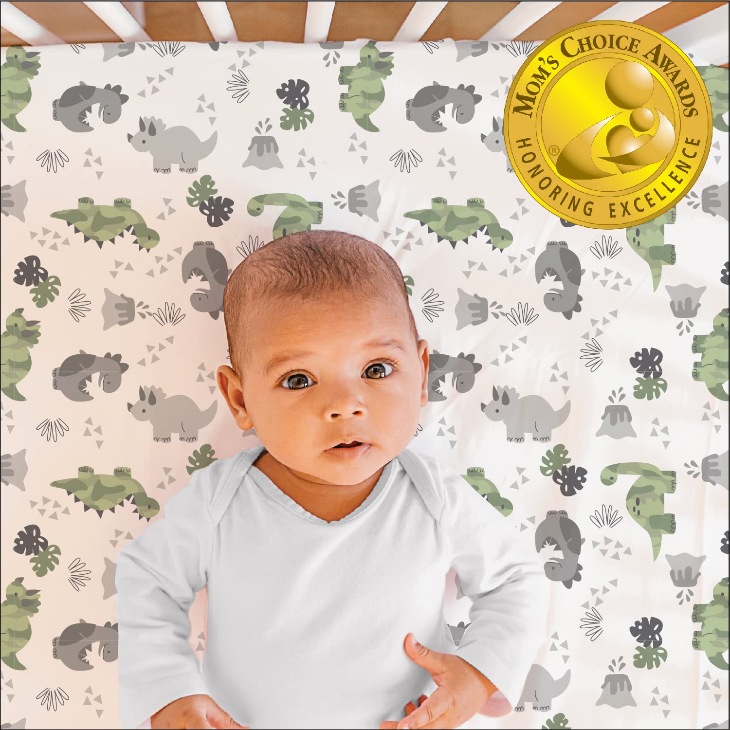 The Peanutshell Celestial Stars and Dinosaur Fitted Crib Sheets | Unisex 6 Pack | Grey, Green, White