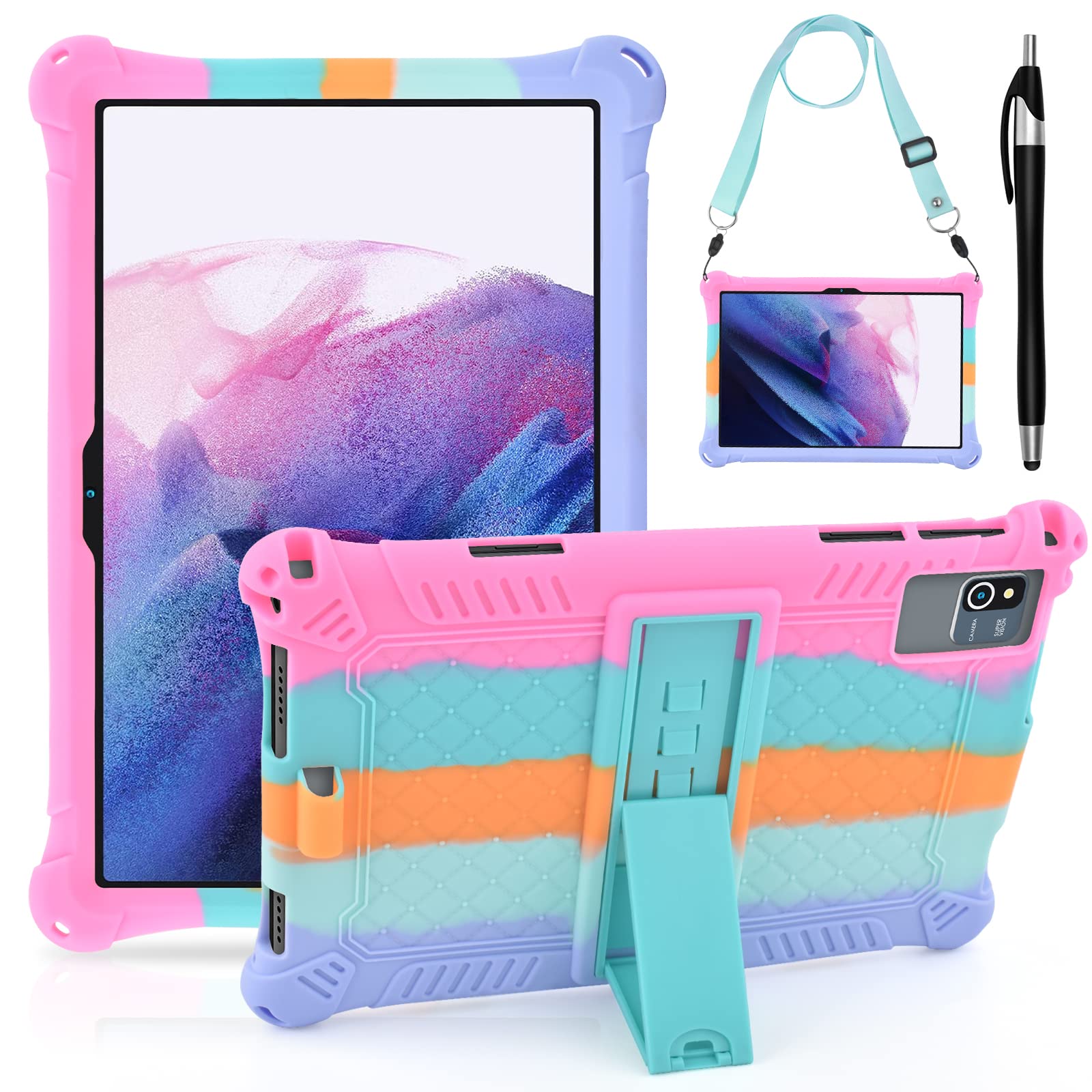 DETUOSI Silicone Case for Okaysea 10.1 inch Tablet with Stylus Pen & Shoulder Strap, Multi-Angle Stand Case, Soft Lightweight Protcetive Cover for QunyiCO 10.1, Moderness MB1001 10.1, Dazzling Pink