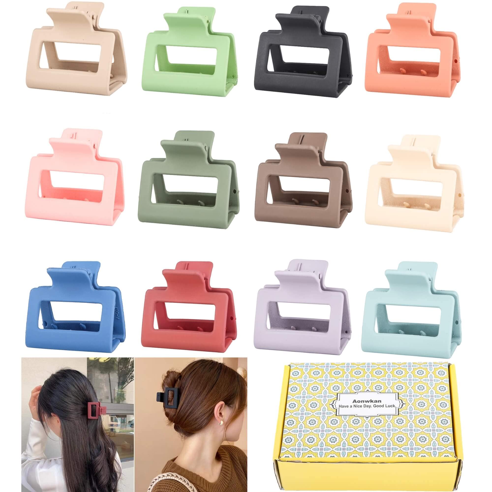 Aonwkan Hair Clips Square Hair Claw Clips - 12 Pieces 2" Matte Hair Clips for Teen Girl Gifts Thin Thick Hair Cute Stuff Nonslip Strong Grip Hair Clamps 12 Colors Jaw Clips Hair Accessories for Women