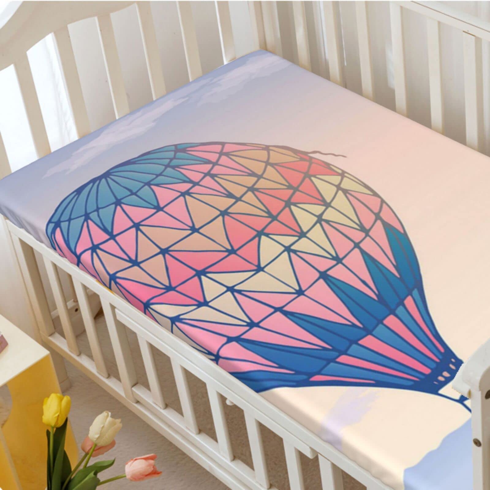 Hot Air Balloon Themed Fitted Mini Crib Sheets,Portable Mini Crib Sheets Soft and Breathable Bed Sheets-Baby Crib Sheets for Girl or Boy,24“ x38“,Multicolor