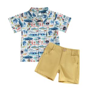 toddler boy summer clothes set button down short sleeve shirt elastic waist shorts 2pcs fashion boys outfits (khaki shorts set,12-18 months)