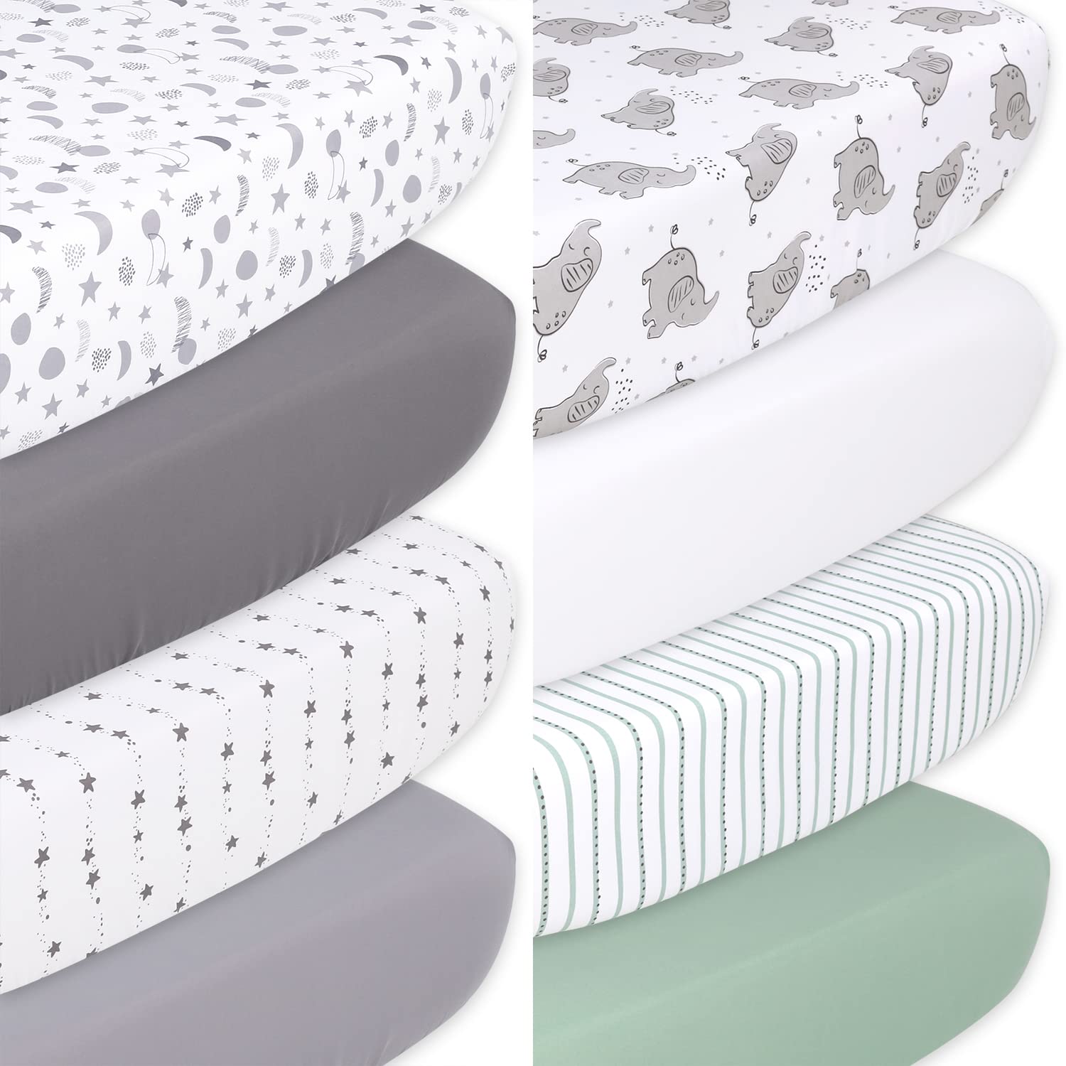 The Peanutshell Celestial Stars and Elephant Fitted Crib Sheets | Unisex 8 Pack | Grey, Green, White