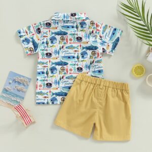 Toddler Boy Summer Clothes Set Button Down Short Sleeve Shirt Elastic Waist Shorts 2Pcs Fashion Boys Outfits (Khaki Shorts Set,12-18 Months)