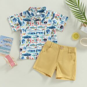 Toddler Boy Summer Clothes Set Button Down Short Sleeve Shirt Elastic Waist Shorts 2Pcs Fashion Boys Outfits (Khaki Shorts Set,12-18 Months)