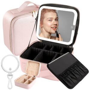 wangselect lighted makeup case with full-screen hd mirror travel makeup train case with adjustable dividers cosmetic bag with foldable 1x/10x magnifying mirror and jewelry box phosphor