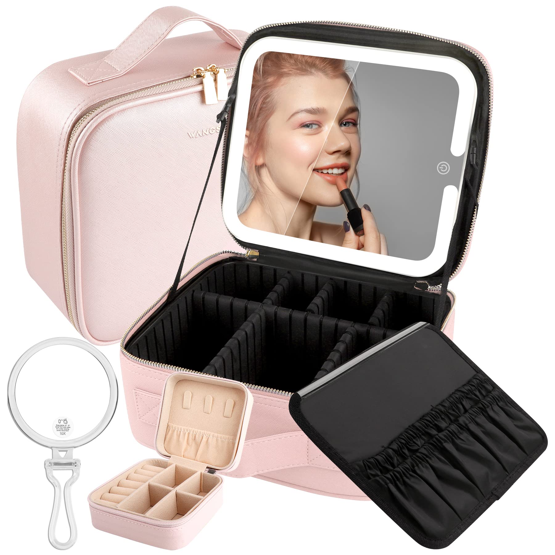 WangSelect Lighted Makeup Case with Full-screen HD Mirror Travel Makeup Train Case with Adjustable Dividers Cosmetic bag with Foldable 1x/10x Magnifying Mirror and Jewelry Box Phosphor