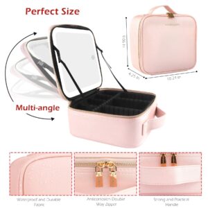 WangSelect Lighted Makeup Case with Full-screen HD Mirror Travel Makeup Train Case with Adjustable Dividers Cosmetic bag with Foldable 1x/10x Magnifying Mirror and Jewelry Box Phosphor