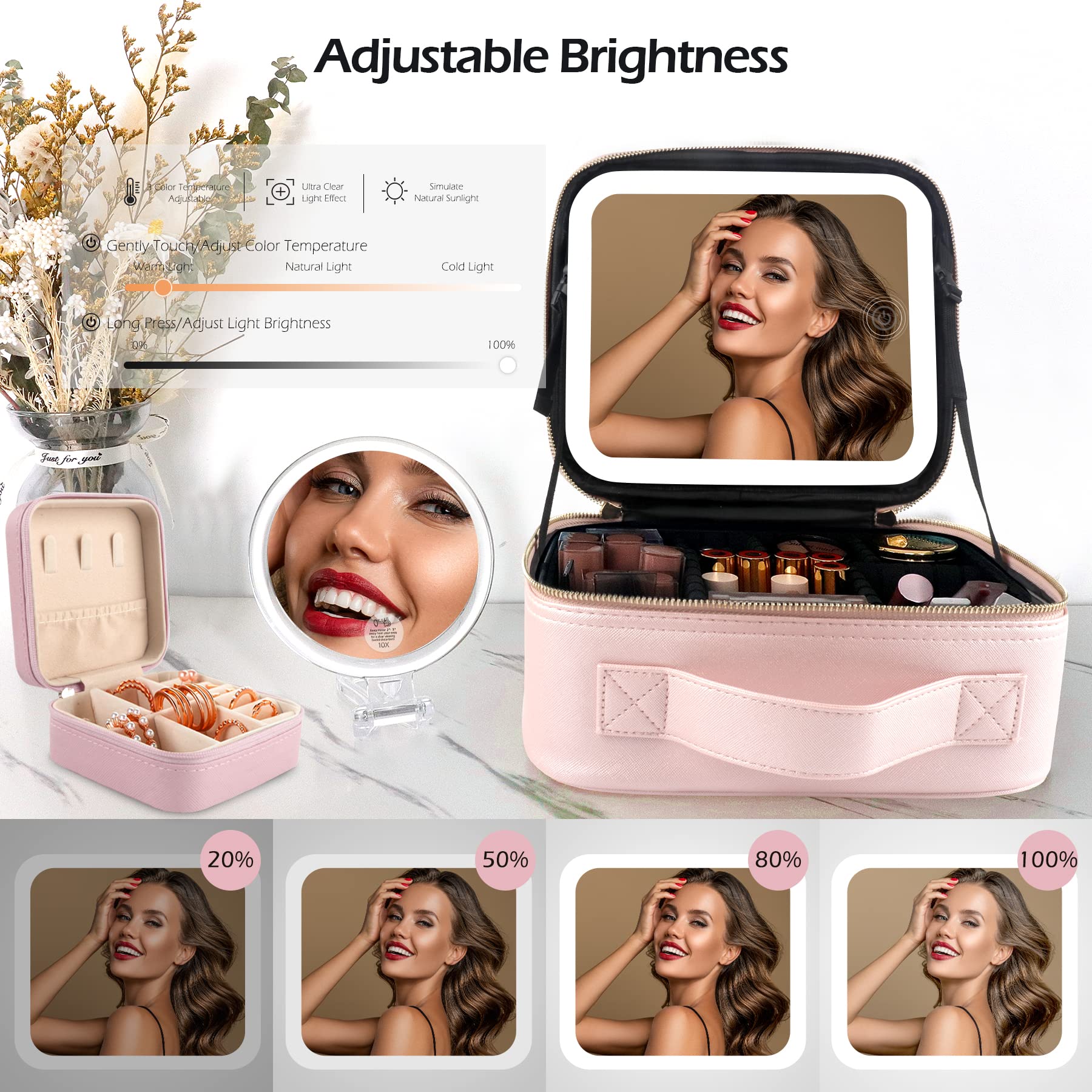 WangSelect Lighted Makeup Case with Full-screen HD Mirror Travel Makeup Train Case with Adjustable Dividers Cosmetic bag with Foldable 1x/10x Magnifying Mirror and Jewelry Box Phosphor