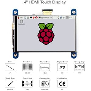 Coolwell Waveshare 4 Inch for Raspberry Pi Screen Touchscreen 480x800 IPS LCD Display Small HDMI Monitor for Raspberry Pi 4B+ 4B 3B+ 3B 2B+ Zero Windows 11 10 8.1 8 7