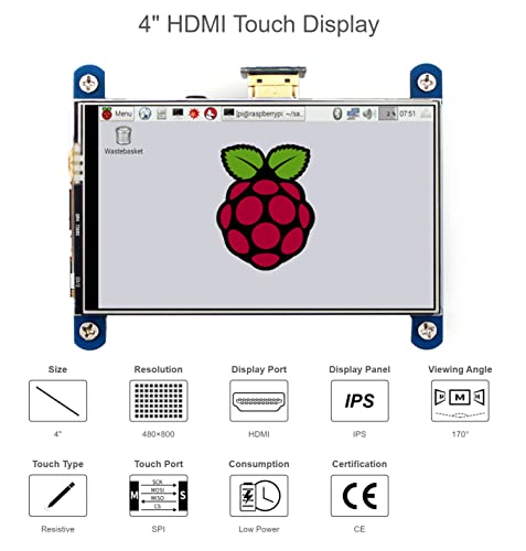 Coolwell Waveshare 4 Inch for Raspberry Pi Screen Touchscreen 480x800 IPS LCD Display Small HDMI Monitor for Raspberry Pi 4B+ 4B 3B+ 3B 2B+ Zero Windows 11 10 8.1 8 7